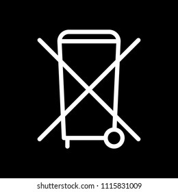 No trash bin, crossed litter. Linear icon with thin outline. White icon on black background. Inversion