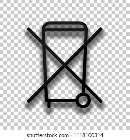 No trash bin, crossed litter. Linear icon with thin outline. Black glass icon with soft shadow on transparent background