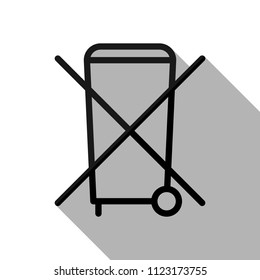 No trash bin, crossed litter. Linear icon with thin outline. Black object with long shadow on white background