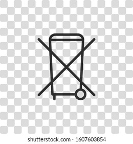 No trash bin, crossed litter. Linear icon with thin outline. Black symbol on transparency grid