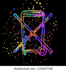 No trash bin, crossed litter. Linear icon with thin outline. Colored ink with splashes on black background