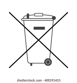 No trash bin icon. Crossed litter. Container recycle. Symbol of garbage, rubbish, dump. Prohibited element label public information. Black warning sign isolated on white background Vector illustration