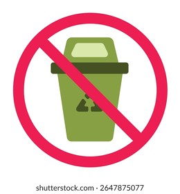 No trash can sign, stop using trash can sign, forbidden garbage can sign, flat vector illustration, isolated on white background