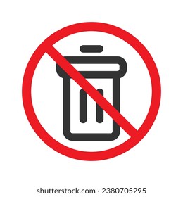 Sin icono de basura, lata de basura en círculo rojo prohibido, no arrojar basura, simple contorno de ilustración vectorial de estilo plano.