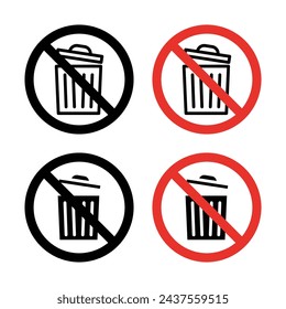 No trash sign icon set. Ban on littering and improper waste disposal vector symbol in a black filled and outlined style. Trash disposal and cleanliness maintenance sign.