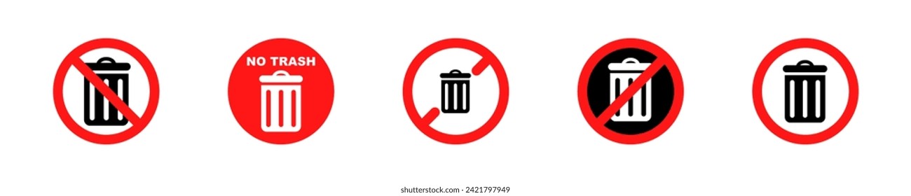 No trash vector icons set. Ban garbage, throw and waste. Forbidden signs with no rubbish.