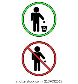 No trash and yes trash icons vector. Litter prohibition and permission icons. Icon for the fight against pollution of the planet. Fight for ecology. Vector icon.