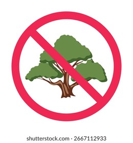 No hay letrero de árbol, ícono de letrero de árbol prohibido, bosque verde prohibido símbolo de tala para protección de la naturaleza, Ilustración vectorial plana