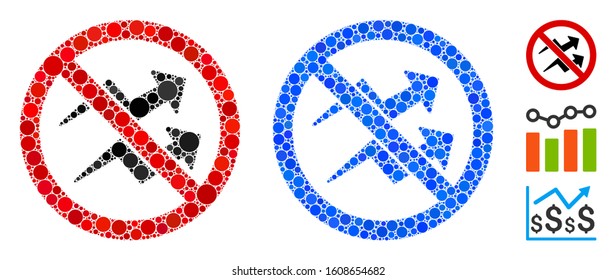 No trend arrows mosaic of filled circles in variable sizes and color tinges, based on no trend arrows icon. Vector filled circles are composed into blue collage.