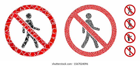 No trespassing composition of ragged pieces in different sizes and color tinges, based on no trespassing icon. Vector bumpy pieces are combined into collage.