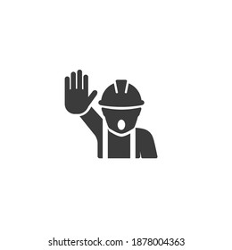 No hay señal de allanamiento. Trabajador de construcción con mano extendida mostrando símbolo vector de advertencia de gesto de parada