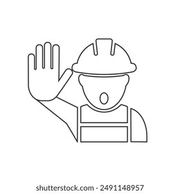 No trespassing sign. Construction worker with outstretched hand showing stop gesture warning vector symbol