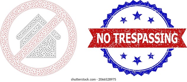 No Trespassing unclean seal, and stop house icon polygonal structure. Red and blue bicolored seal contains No Trespassing title inside ribbon and rosette. Abstract 2d mesh stop house,