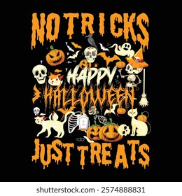 No Tricks Halloween just Treat T-shirt vector design, Halloween T-shirt design, pumpkin silhouette, retro, vintage, Trick Or Treat Happy Halloween vector Illustration.