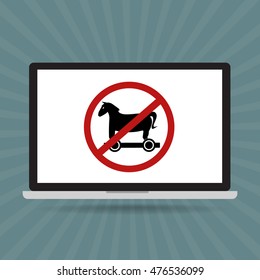 No Trojan Horse Malware Virus Computer Allow Restrict Sign Isolated On Computer Laptop. Vector Illustration Technology Data Privacy And Security Concept.