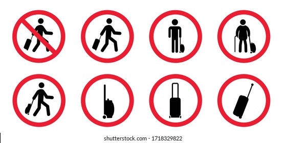 No trolley case Vector bags icon Travel suitcase, luggage for vacation, holiday Stop halt allowed cases area Do not enter bag zone No ban walking on street or airport No baggage or handbag to roll