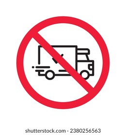 No truck icon. Forbidden lorry icon. No heavy truck vector sign. Prohibited freight vector icon. Warning, caution, attention, restriction label danger flat sign design. No cargo icon. No delivery sign