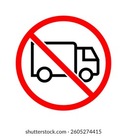 No truck icon Vector illustration, Forbidden lorry icon, No heavy truck sign, Prohibited freight icon, No-truck sign, No lorry parking, Truck prohibition sign, No cargo and delivery icon isolated. 