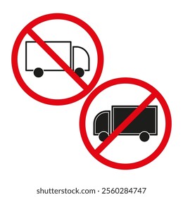 No truck sign. Red circle symbol. Vehicle prohibition icon. Black and white design.