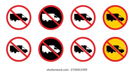 No Trucks Allowed Road Sign. No trucks allowed sign prohibition symbol with truck icon inside red circle vector illustration for traffic regulation and restriction.