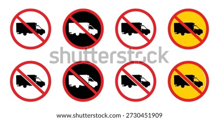 No Trucks Allowed Road Sign. No trucks allowed sign prohibition symbol with truck icon inside red circle vector illustration for traffic regulation and restriction.