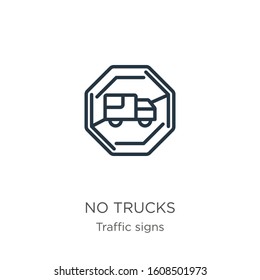 No trucks icon. Thin linear no trucks outline icon isolated on white background from traffic signs collection. Line vector sign, symbol for web and mobile