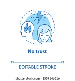 No trust concept icon. Lack of confidence with partner. Distrust in couple. Lost faith. Trouble relationship idea thin line illustration. Vector isolated outline drawing. Editable stroke