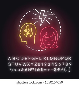 No trust neon light concept icon. Lack of confidence with partner. Distrust. Lost faith. Trouble relationship idea. Glowing sign with alphabet, numbers and symbols. Vector isolated illustration