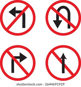 no turn left allowed to turn right and left set.Traffic Road Icon,traffic direction and Road safety, traffic sign icon, vector illustration,