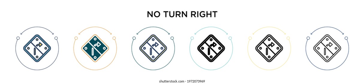 No turn right icon in filled, thin line, outline and stroke style. Vector illustration of two colored and black no turn right vector icons designs can be used for mobile, ui, web