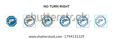 No turn right sign vector icon in 6 different modern styles. Black, two colored no turn right sign icons designed in filled, outline, line and stroke style. Vector illustration can be used for web, 