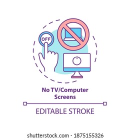 No TV and computer screen concept icon. Avoid monitor and display exposure before bed. Sleep regulation idea thin line illustration. Vector isolated outline RGB color drawing. Editable stroke