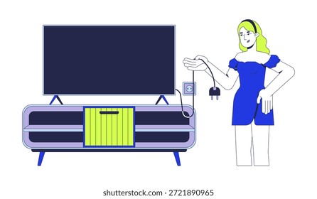 No TV lifestyle 2D vector illustration. Mindful offline living. Screen break. Woman unplugging television from power outlet flat character isolated on white background. Colorful cartoon image