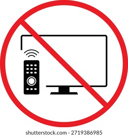 No hay televisión con icono remoto.  TV y clicker símbolo prohibido. Pantalla y Diseño gráfico remoto prohibido. Señales de regulación del área de Educación y estudio
