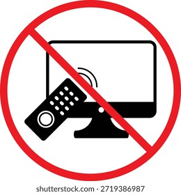 No hay televisión con icono remoto.  TV y clicker símbolo prohibido. Pantalla y Diseño gráfico remoto prohibido. Señales de regulación del área de Educación y estudio
