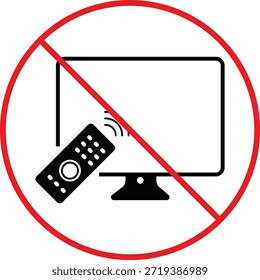 No hay televisión con icono remoto.  TV y clicker símbolo prohibido. Pantalla y Diseño gráfico remoto prohibido. Señales de regulación del área de Educación y estudio
