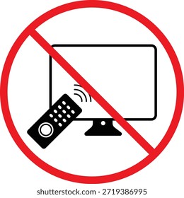 No hay televisión con icono remoto.  TV y clicker símbolo prohibido. Pantalla y Diseño gráfico remoto prohibido. Señales de regulación del área de Educación y estudio
