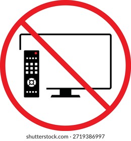 no tv with remote icon.  TV and clicker forbidden symbol. Screen and remote prohibited graphic design. Education and study area regulation signs
