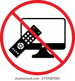 No hay televisión con icono remoto.  TV y clicker símbolo prohibido. Pantalla y Diseño gráfico remoto prohibido. Señales de regulación del área de Educación y estudio
