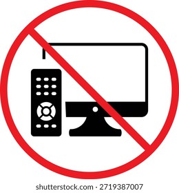 No hay televisión con icono remoto.  TV y clicker símbolo prohibido. Pantalla y Diseño gráfico remoto prohibido. Señales de regulación del área de Educación y estudio
