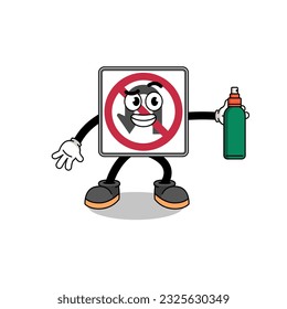 no U turn road sign illustration cartoon holding mosquito repellent , character design