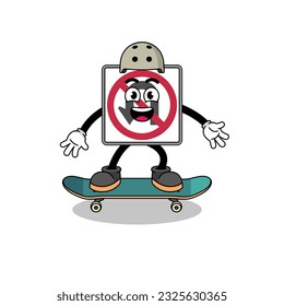 no U turn road sign mascot playing a skateboard , character design