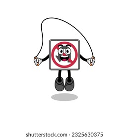 no U turn road sign mascot cartoon is playing skipping rope , character design