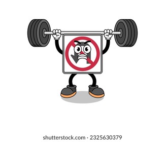 no U turn road sign mascot cartoon lifting a barbell , character design