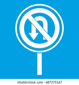 No U turn road sign icon white isolated on blue background vector illustration