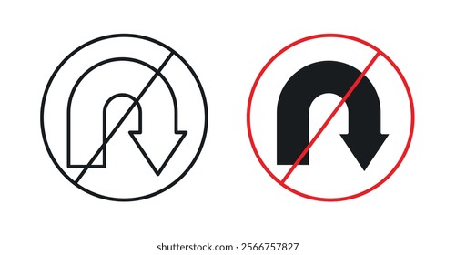 No u turn road signs in black outline, solid and colored style