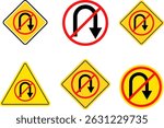 No U turn sign icon set. prohibitory traffic signs. red crossed out circle symbol.  driving navigation icons. arrow pointing to the right. Turning right prohibited
