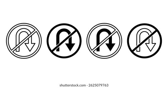 No U Turn Sign Icons Black and White Circular Traffic Symbols Vector Design Illustration