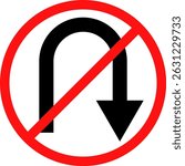 No U turn sign. prohibitory traffic signs. red crossed out circle symbol. arrow pointing to the right. Turning right prohibited
