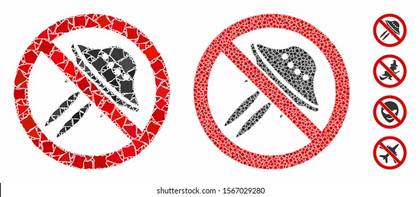 No UFO flights mosaic of humpy pieces in variable sizes and color hues, based on no UFO flights icon. Vector irregular parts are combined into mosaic. No UFO flights icons collage with dotted pattern.